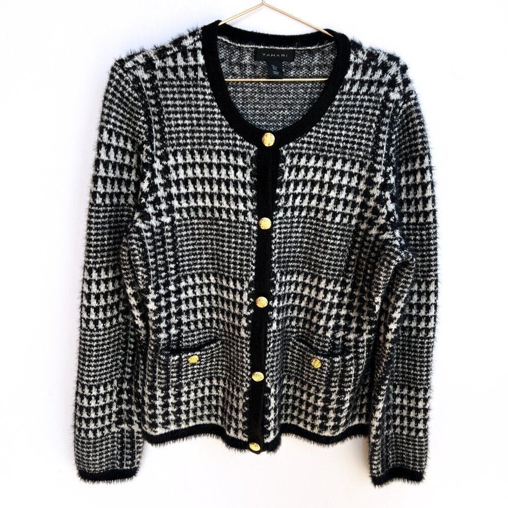 Tahari Black White Glitter Sparkle Long Sleeve Gold Button Cardigan Sweater L